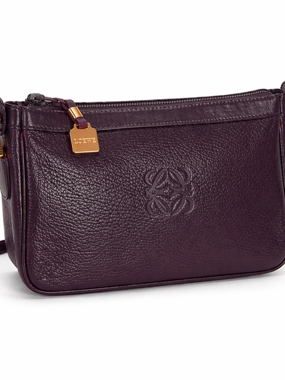 Vintage Loewe Anagram Deep Plum Pebbled Leather Crossbody or Shoulder Bag